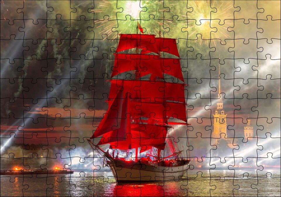 Havai Fişek Yelkenli Gemi Tekne Puzzle Yapboz MDF Ahşap