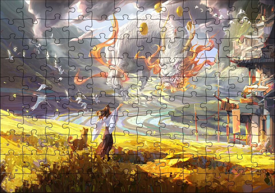 Genç Kadın ve Dev Yapraklar Yağlıboya Efekt Puzzle Yapboz MDF Ahşap 120 Parça 24 cm X 34 cm