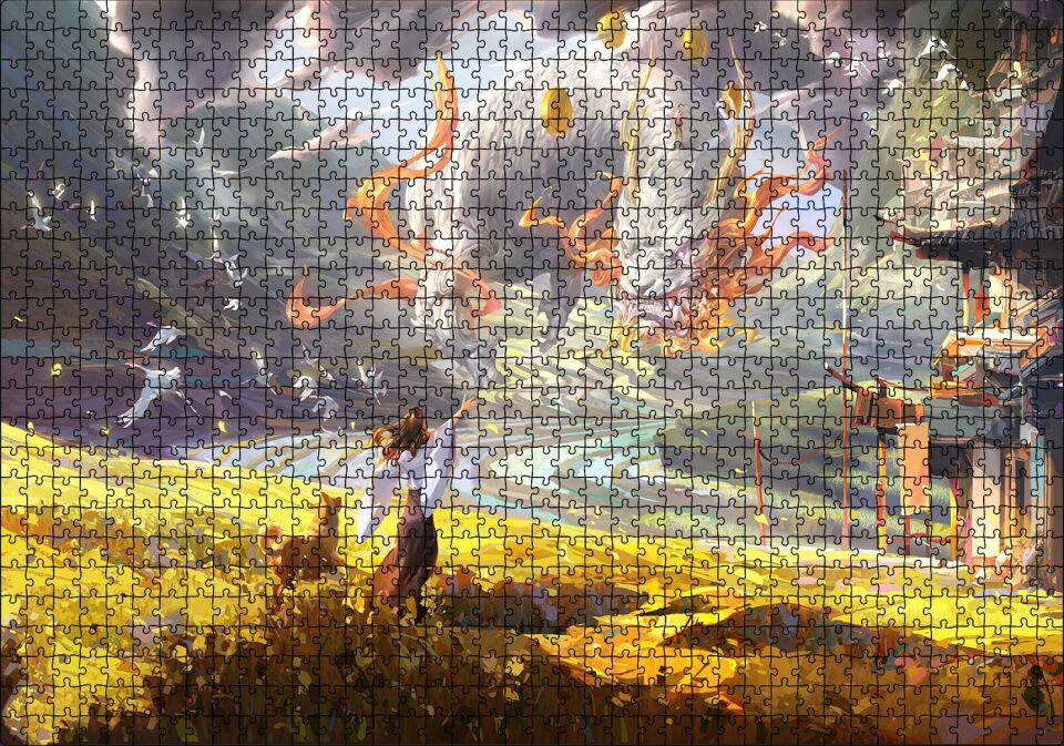Genç Kadın ve Dev Yapraklar Yağlıboya Efekt Puzzle Yapboz MDF Ahşap 1000 Parça 49 cm X 68 cm