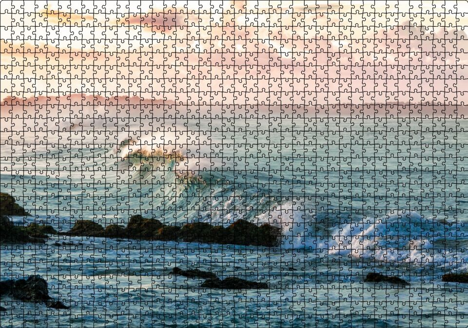 Gündoğumunda Okyanus Kıyısı ve Dalgalar Puzzle Yapboz MDF Ahşap 1000 Parça 49 cm X 68 cm