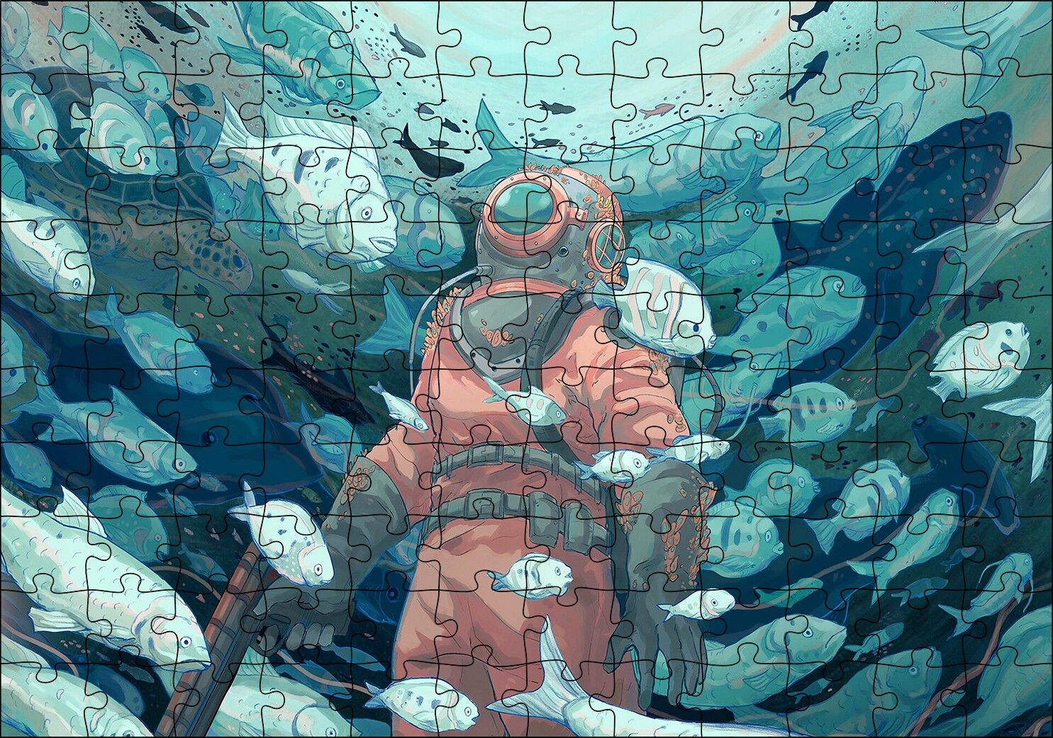 Giysisi ve Zıpkınıyla Balıklar Arasındaki Dalgıç Puzzle Yapboz MDF Ahşap 120 Parça 24 cm X 34 cm