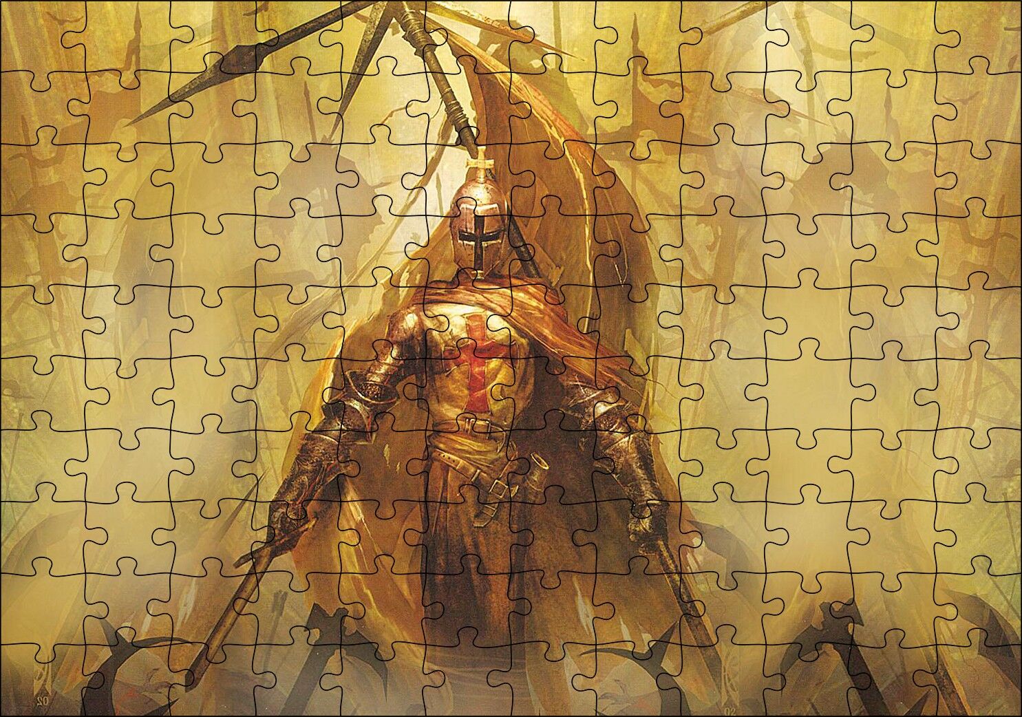 Zırhlı Haçlı Şövalyesi ve Savaş Sancakları Puzzle Yapboz MDF Ahşap