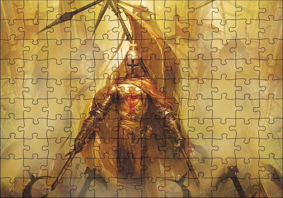 Zırhlı Haçlı Şövalyesi ve Savaş Sancakları Puzzle Yapboz MDF Ahşap