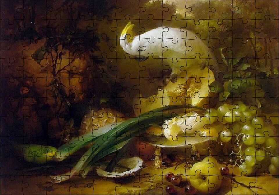 Beyaz Papağan ve Taze Meyveler Puzzle Yapboz MDF Ahşap