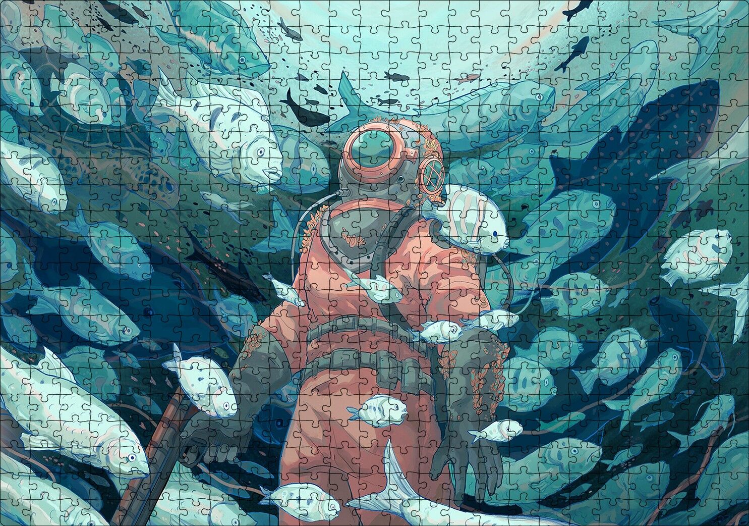 Giysisi ve Zıpkınıyla Balıklar Arasındaki Dalgıç Puzzle Yapboz MDF Ahşap 500 Parça 49 cm X 68 cm