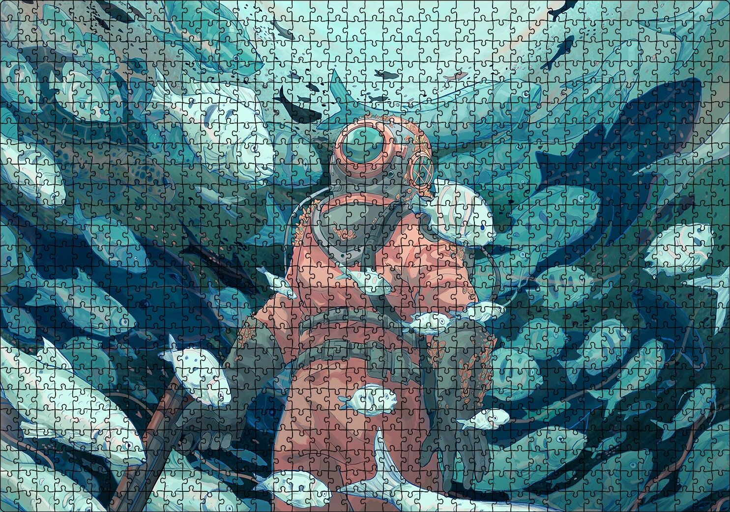 Giysisi ve Zıpkınıyla Balıklar Arasındaki Dalgıç Puzzle Yapboz MDF Ahşap 1000 Parça 49 cm X 68 cm