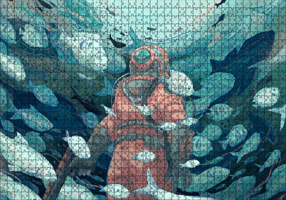 Giysisi ve Zıpkınıyla Balıklar Arasındaki Dalgıç Puzzle Yapboz MDF Ahşap 1000 Parça 49 cm X 68 cm
