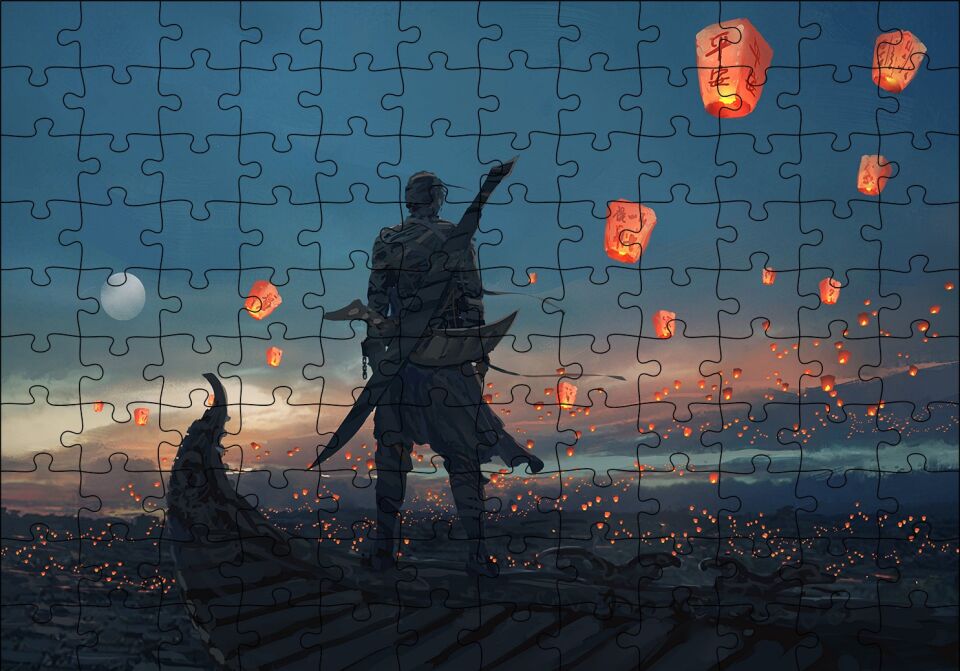 Kayıktaki Savaşçı ve Uçan Fenerler Puzzle Yapboz MDF Ahşap 120 Parça 24 cm X 34 cm