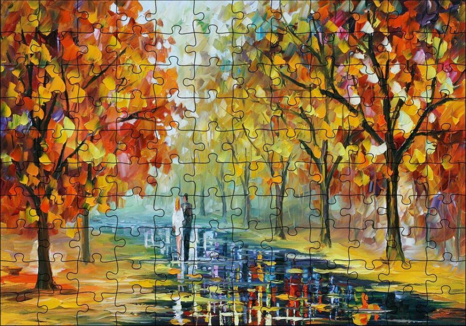 Ağaçlı Yolda Sevgili Çift Puzzle Yapboz MDF Ahşap 120 Parça 24 cm X 34 cm