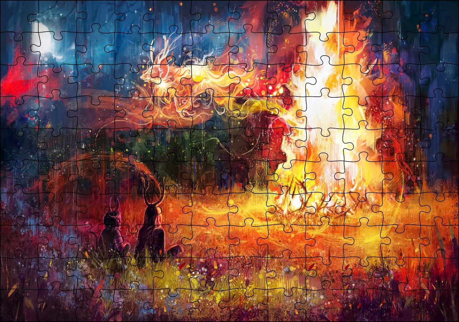 Gece Ormanda Kamp Ateşi ve Yüksek Alevler Puzzle Yapboz MDF Ahşap