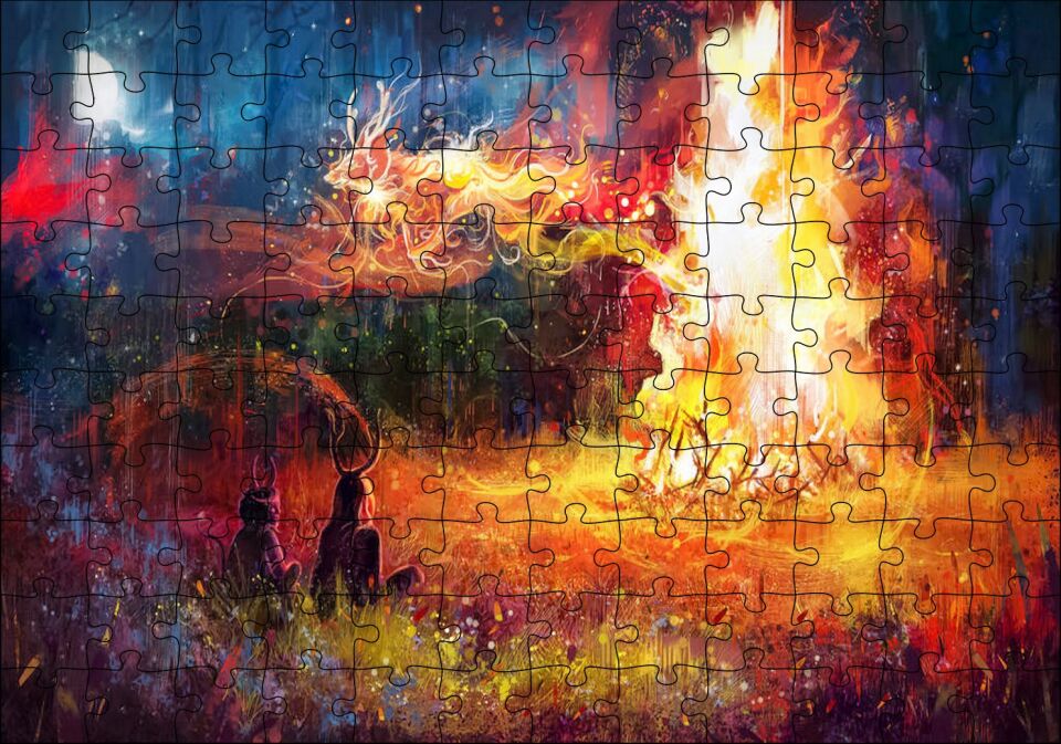 Gece Ormanda Kamp Ateşi ve Yüksek Alevler Puzzle Yapboz MDF Ahşap