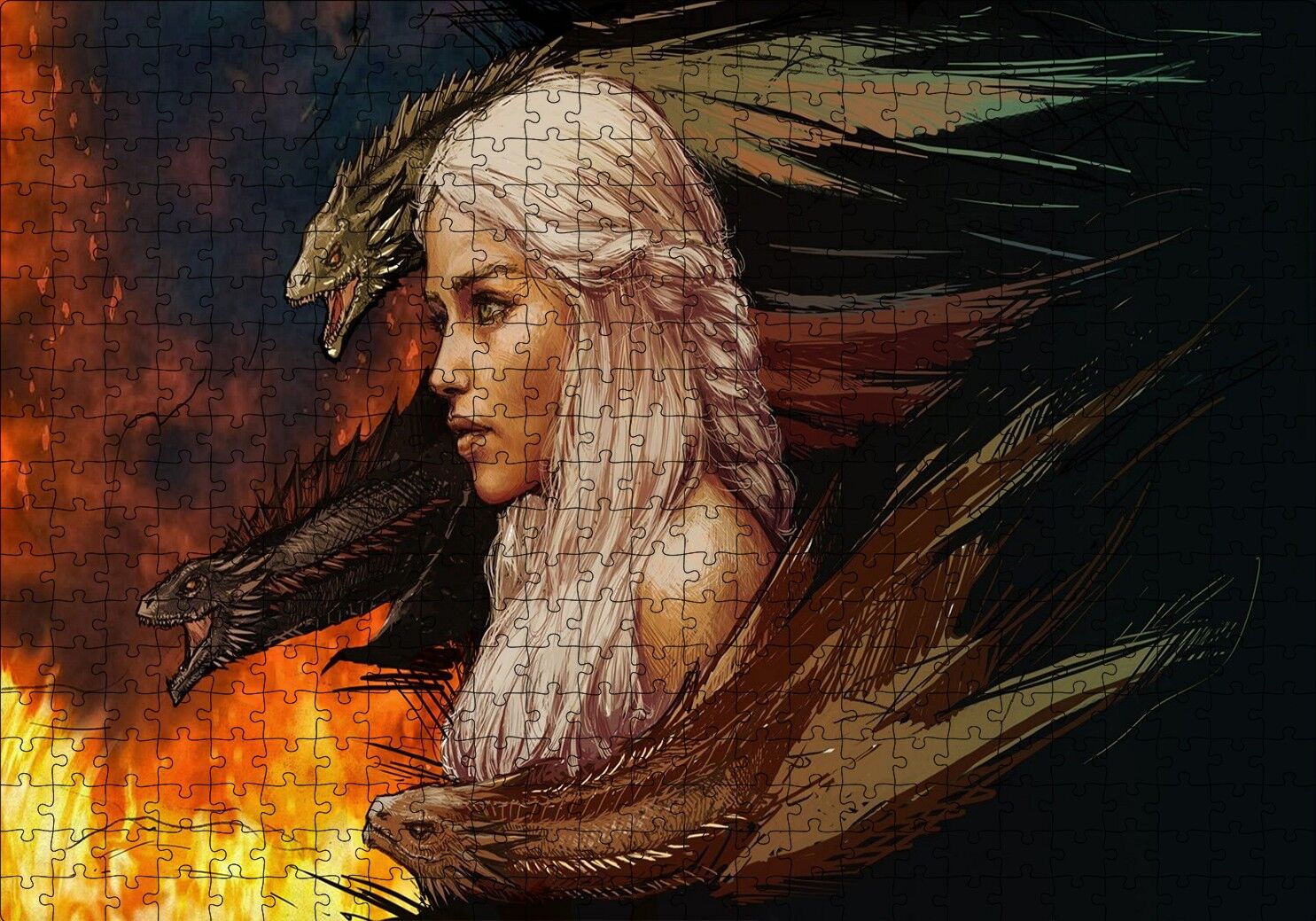 Daenerys Targaryen ve Ejderhalar Çizim Puzzle Yapboz MDF Ahşap 500 Parça 49 cm X 68 cm