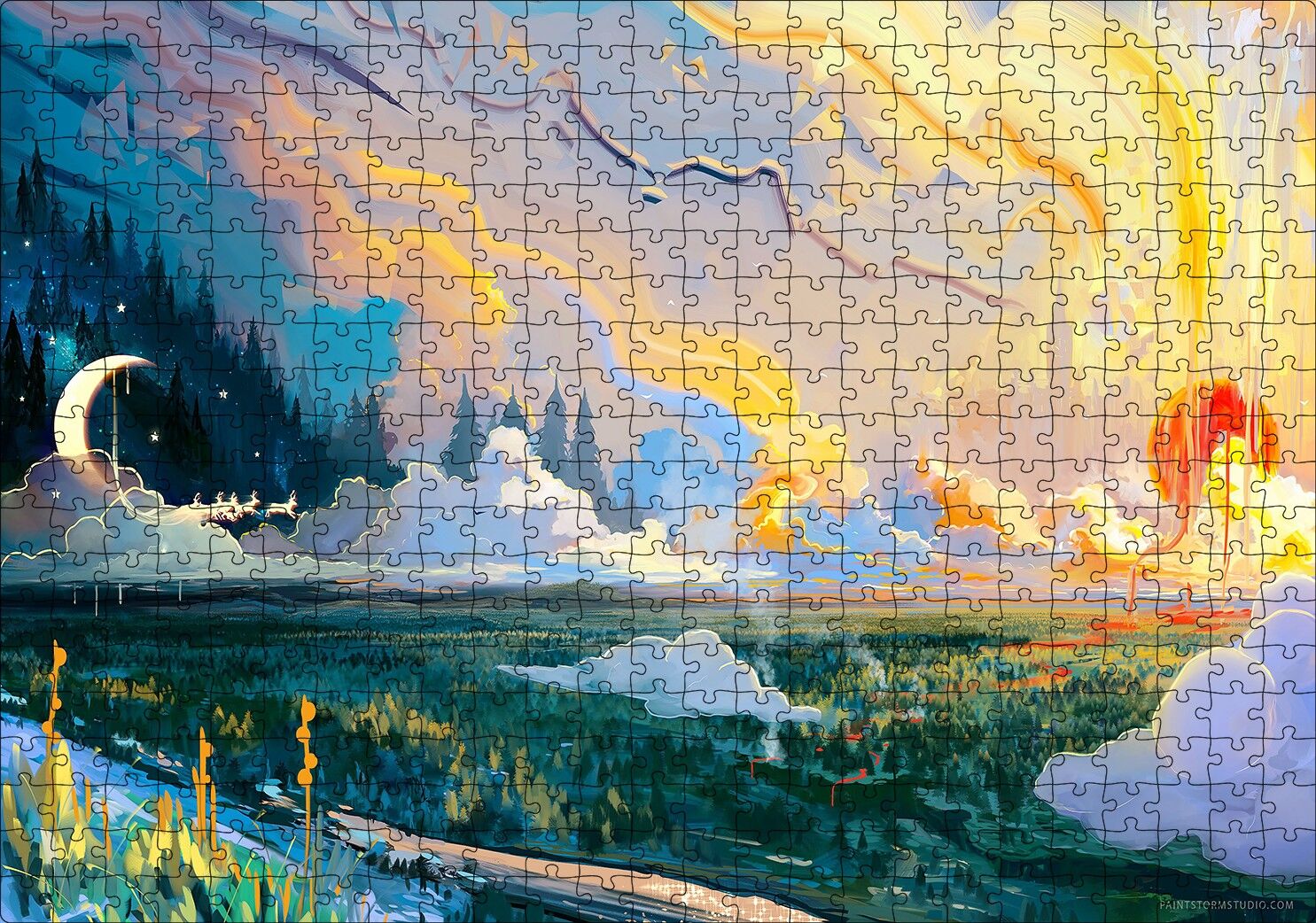 Yağlı Boya Resmi Manzara Ve Ay Görseli Puzzle Yapboz MDF Ahşap 500 Parça 49 cm X 68 cm