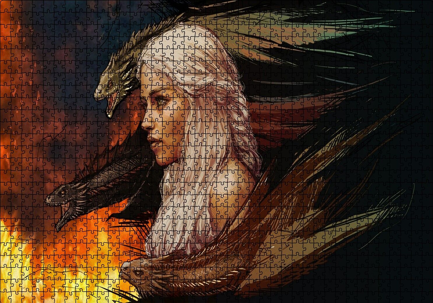 Daenerys Targaryen ve Ejderhalar Çizim Puzzle Yapboz MDF Ahşap 1000 Parça 49 cm X 68 cm