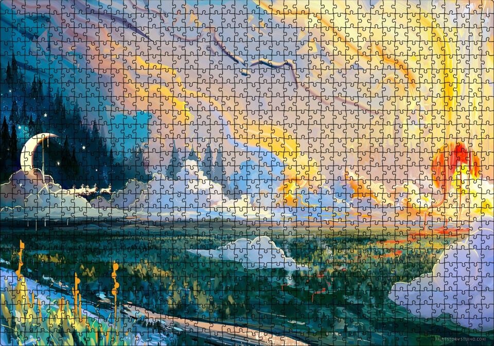 Yağlı Boya Resmi Manzara Ve Ay Görseli Puzzle Yapboz MDF Ahşap 1000 Parça 49 cm X 68 cm