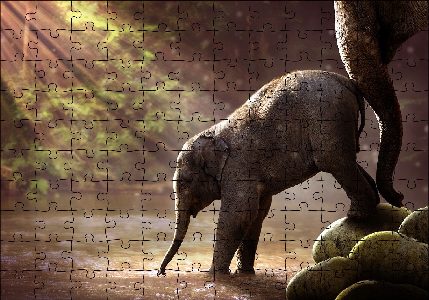 Yavru Fil Nehir ve Güneş Işınları Puzzle Yapboz MDF Ahşap 120 Parça 24 cm X 34 cm