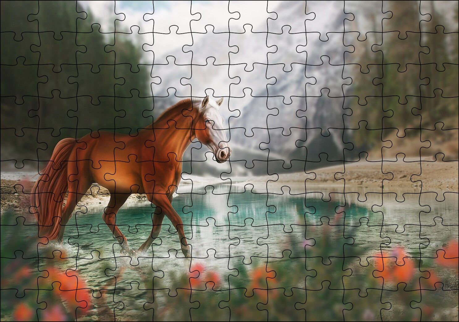 Göl Kıyısında Kahverengi At Flu Orman Arka Plan Puzzle Yapboz MDF Ahşap 120 Parça 24 cm X 34 cm