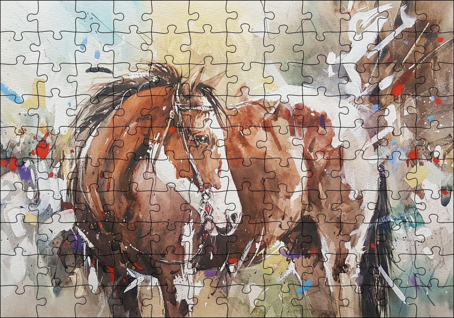 Kahverengi Beyaz At Büyük Fırça Darbeleri Puzzle Yapboz MDF Ahşap