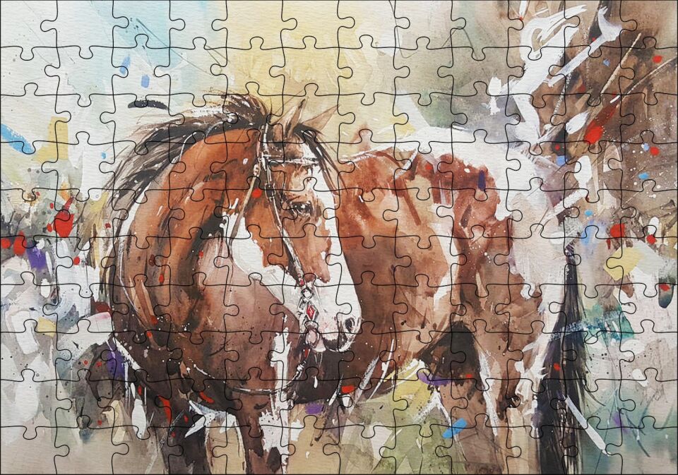 Kahverengi Beyaz At Büyük Fırça Darbeleri Puzzle Yapboz MDF Ahşap