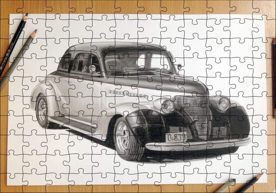 Kuru Boyayla Antika Araç Çizimi Puzzle Yapboz MDF Ahşap 120 Parça 24 cm X 34 cm