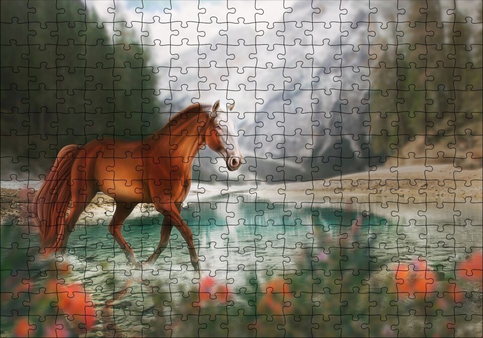 Göl Kıyısında Kahverengi At Flu Orman Arka Plan Puzzle Yapboz MDF Ahşap 255 Parça 34 cm X 49 cm