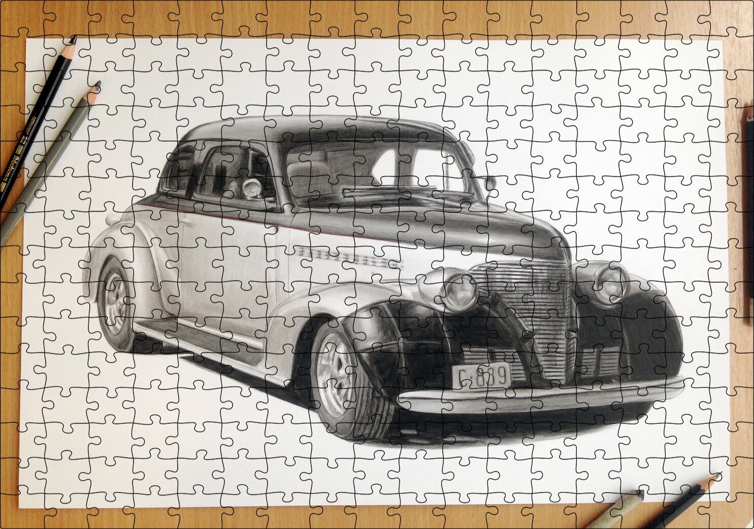 Kuru Boyayla Antika Araç Çizimi Puzzle Yapboz MDF Ahşap 255 Parça 34 cm X 49 cm