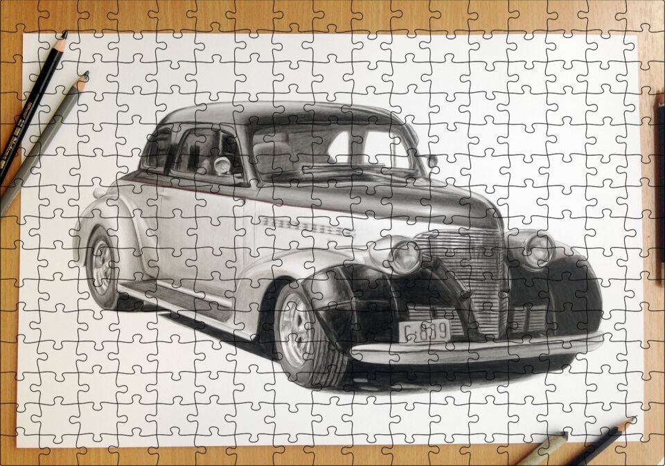 Kuru Boyayla Antika Araç Çizimi Puzzle Yapboz MDF Ahşap 255 Parça 34 cm X 49 cm