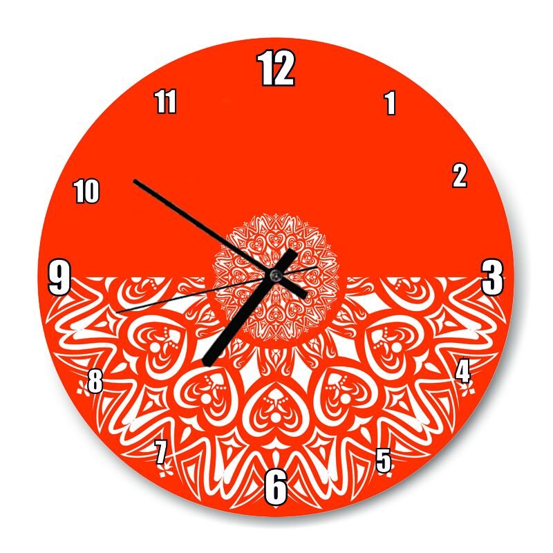 Turuncu Zeminde Nakışlı Motif  Mdf Ahşap Duvar Saati 30 cm Çap