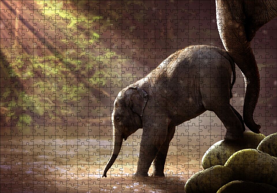 Yavru Fil Nehir ve Güneş Işınları Puzzle Yapboz MDF Ahşap 500 Parça 49 cm X 68 cm