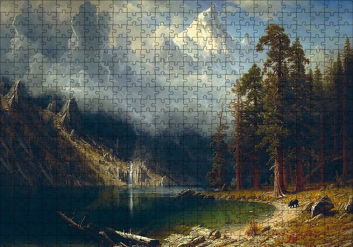 Dağ Gölü, Orman ve Karlı Zirve Yağlı Boya Puzzle Yapboz MDF Ahşap 500 Parça 49 cm X 68 cm