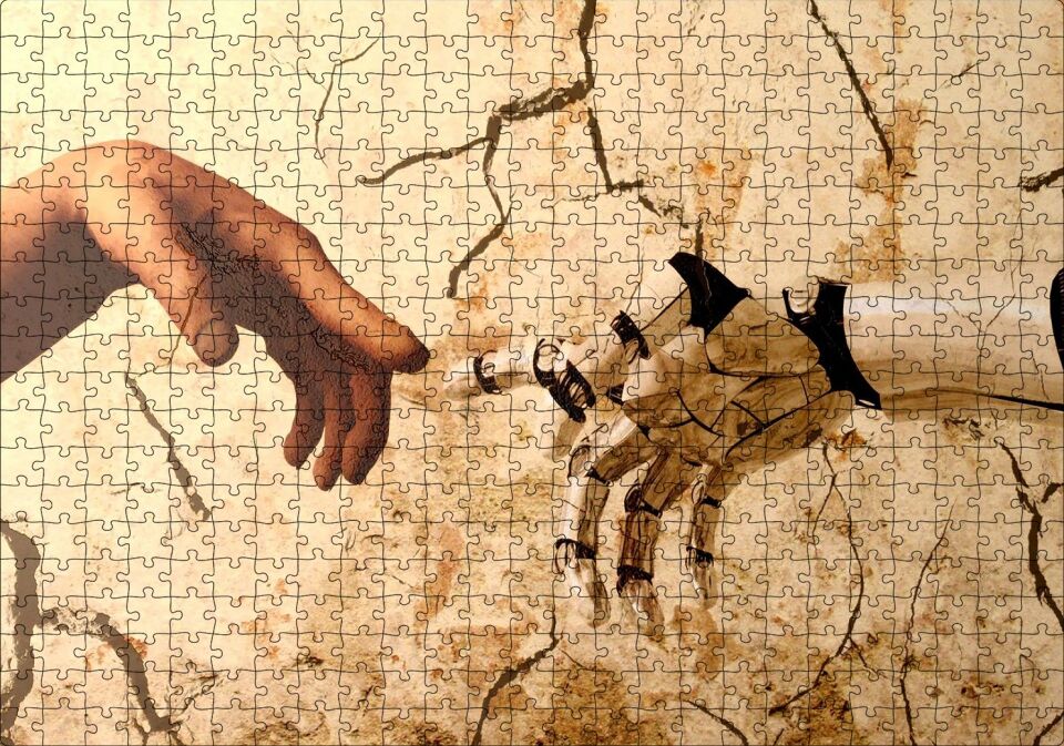 Tanrı'nın Eli ve Robot Eli Revizyon Puzzle Yapboz MDF Ahşap 500 Parça 49 cm X 68 cm