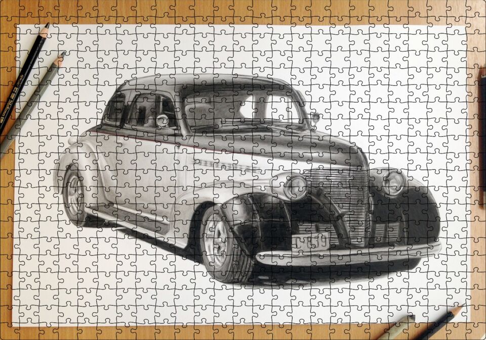 Kuru Boyayla Antika Araç Çizimi Puzzle Yapboz MDF Ahşap 500 Parça 49 cm X 68 cm