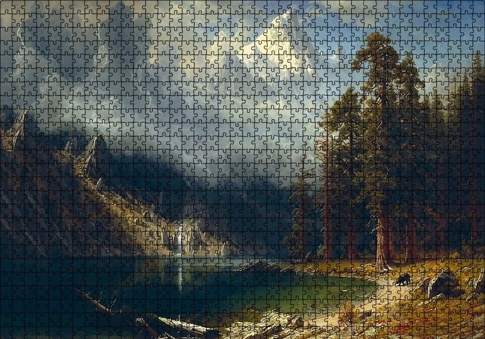 Dağ Gölü, Orman ve Karlı Zirve Yağlı Boya Puzzle Yapboz MDF Ahşap 1000 Parça 49 cm X 68 cm