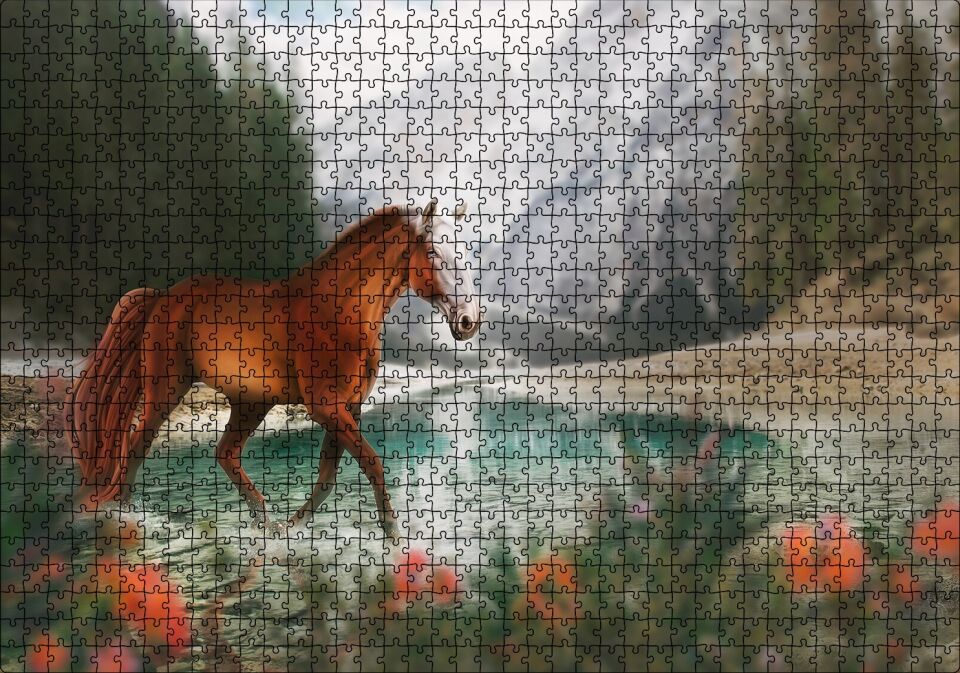 Göl Kıyısında Kahverengi At Flu Orman Arka Plan Puzzle Yapboz MDF Ahşap 1000 Parça 49 cm X 68 cm