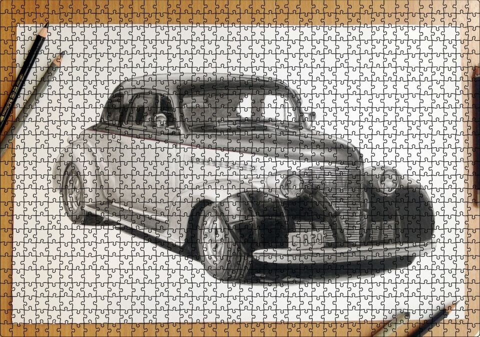 Kuru Boyayla Antika Araç Çizimi Puzzle Yapboz MDF Ahşap 1000 Parça 49 cm X 68 cm