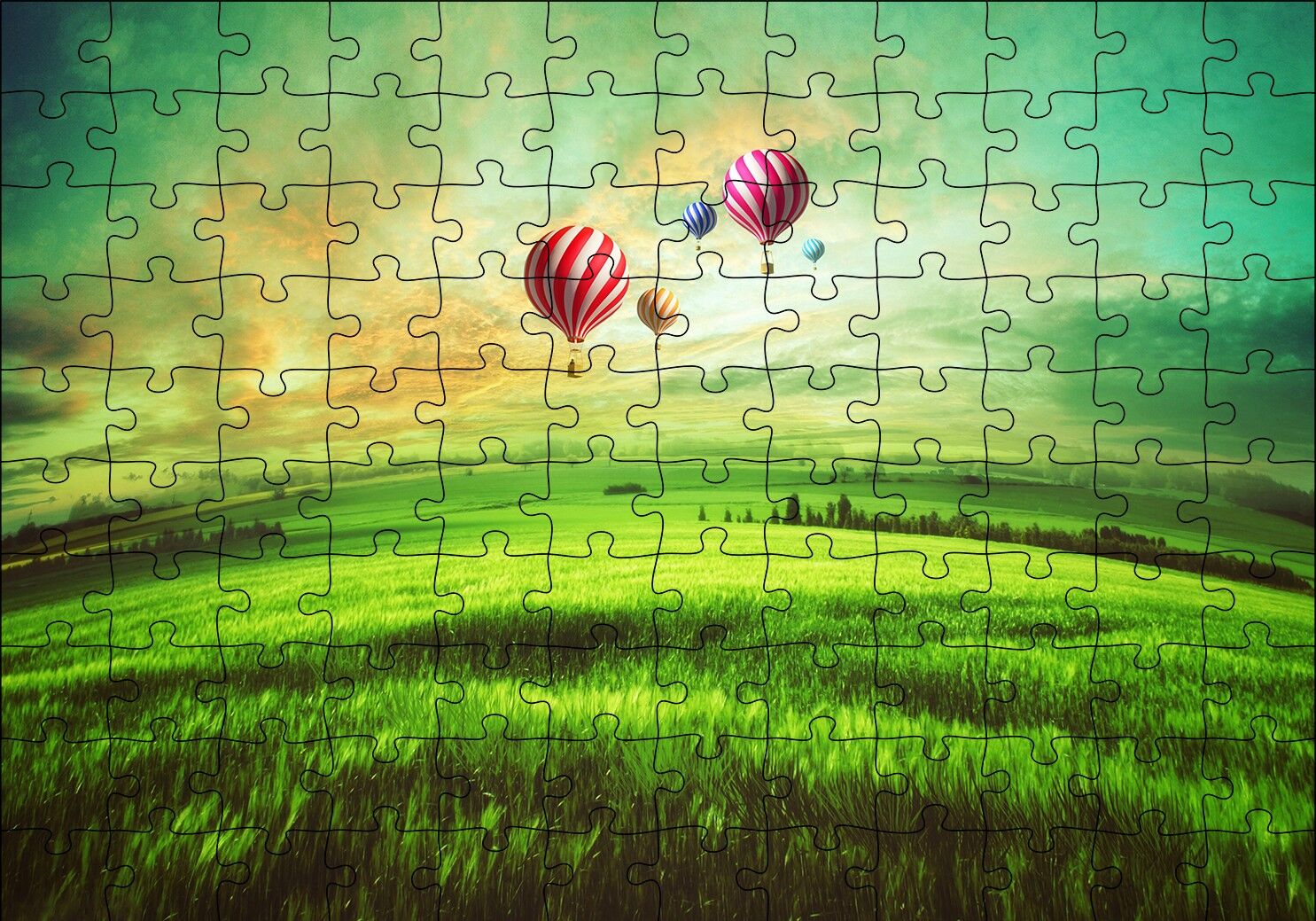 Yeşil Çayırlar ve Sıcak Hava Balonları Puzzle Yapboz MDF Ahşap 120 Parça 24 cm X 34 cm