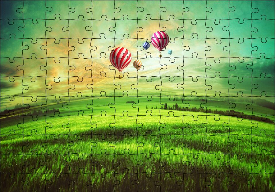 Yeşil Çayırlar ve Sıcak Hava Balonları Puzzle Yapboz MDF Ahşap 120 Parça 24 cm X 34 cm