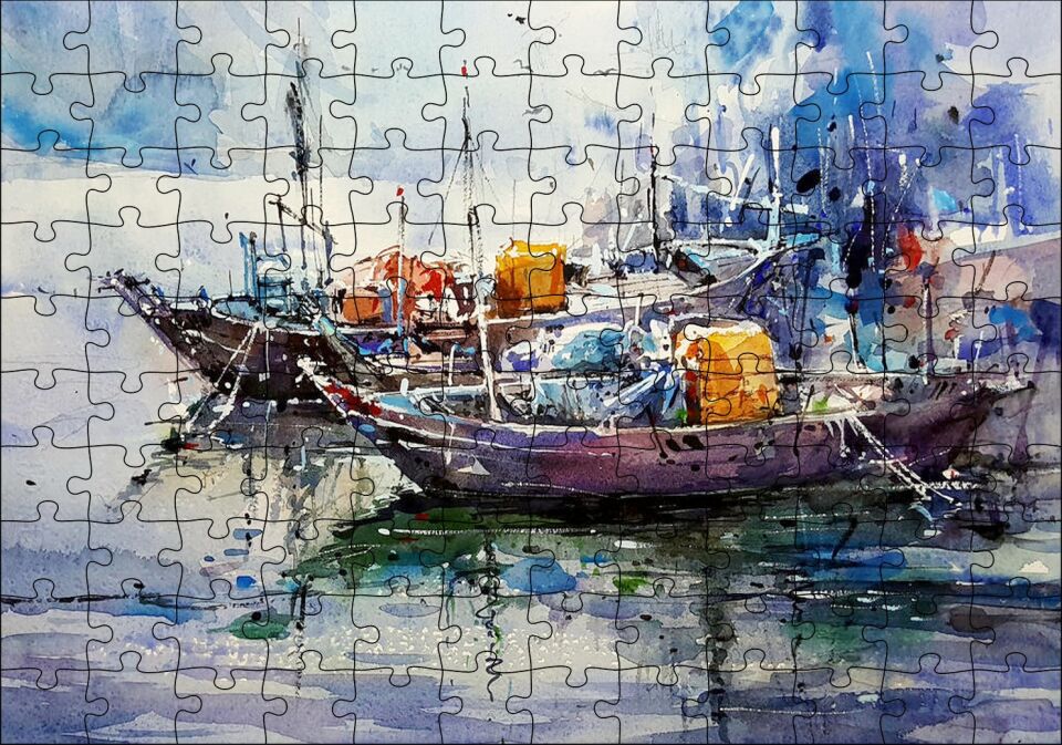 Rıhtımda Demirli Kayıklar Yağlı Boya Puzzle Yapboz MDF Ahşap