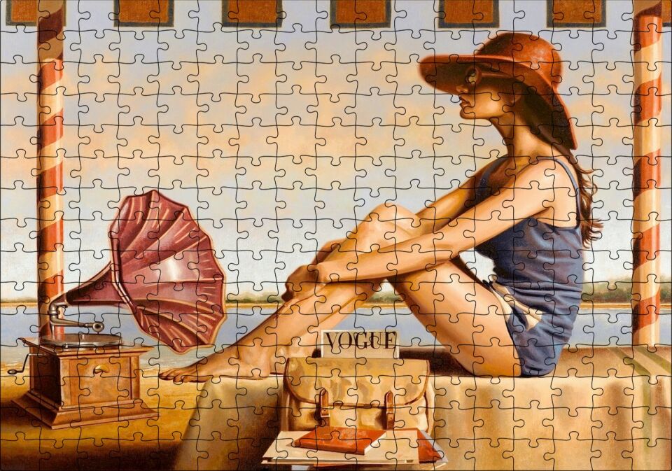 Lacivert Mayolu Kadın ve Gramofon Puzzle Yapboz MDF Ahşap 255 Parça 34 cm X 49 cm