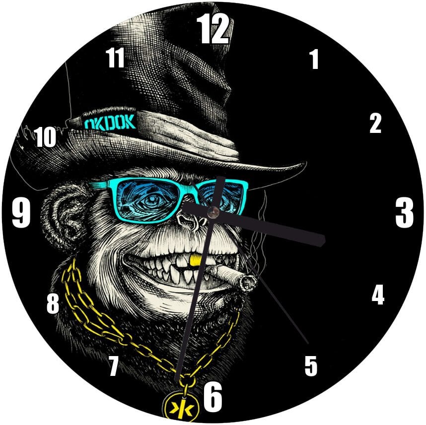 Altın Dişli ve Zincir Kolyeli Maymun  Mdf Ahşap Duvar Saati