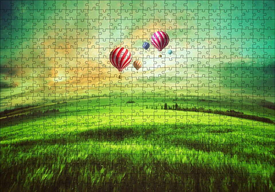Yeşil Çayırlar ve Sıcak Hava Balonları Puzzle Yapboz MDF Ahşap 500 Parça 49 cm X 68 cm