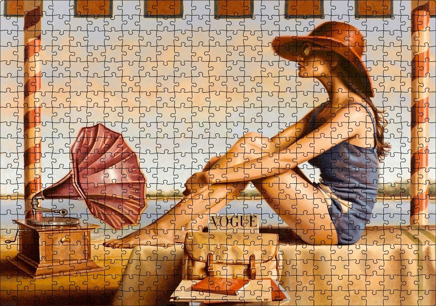 Lacivert Mayolu Kadın ve Gramofon Puzzle Yapboz MDF Ahşap 500 Parça 49 cm X 68 cm