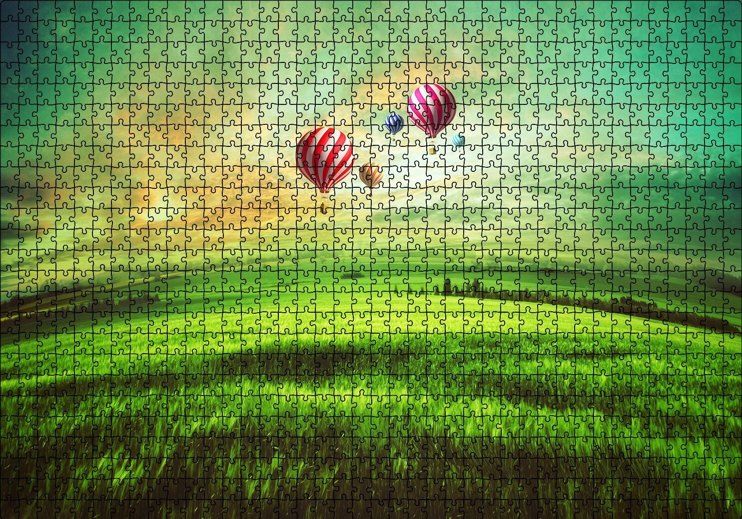Yeşil Çayırlar ve Sıcak Hava Balonları Puzzle Yapboz MDF Ahşap 1000 Parça 49 cm X 68 cm