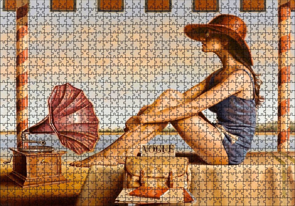 Lacivert Mayolu Kadın ve Gramofon Puzzle Yapboz MDF Ahşap 1000 Parça 49 cm X 68 cm