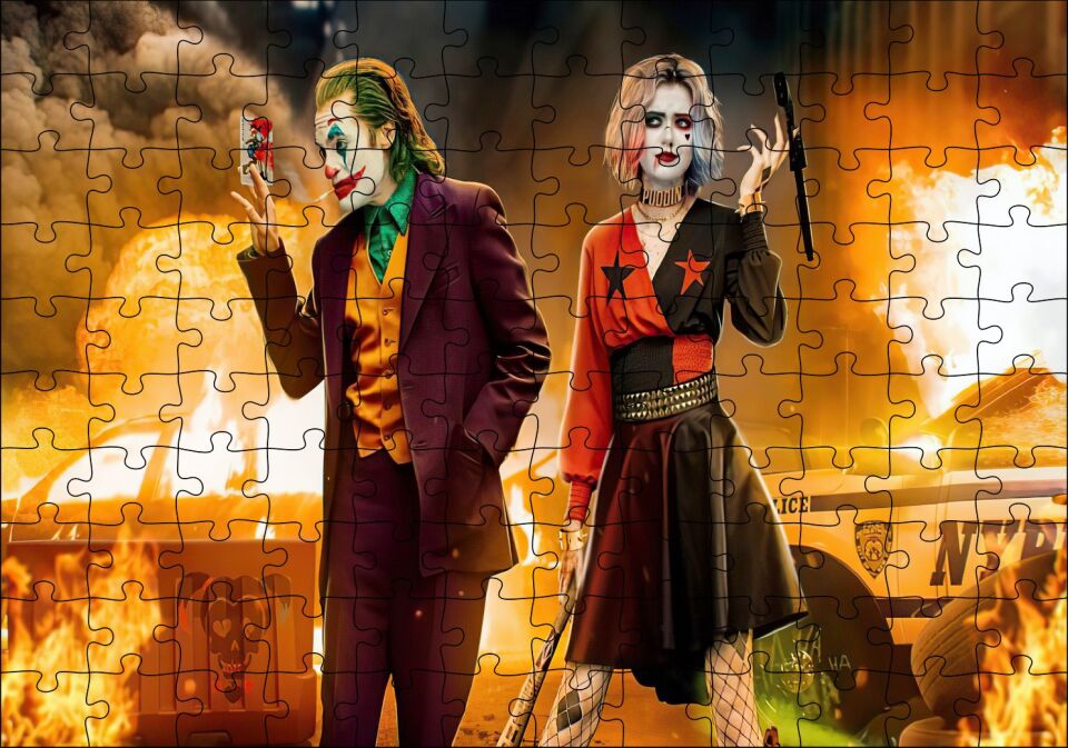Joker ve Harley Quinn Alevler Arka Plan Puzzle Yapboz MDF Ahşap