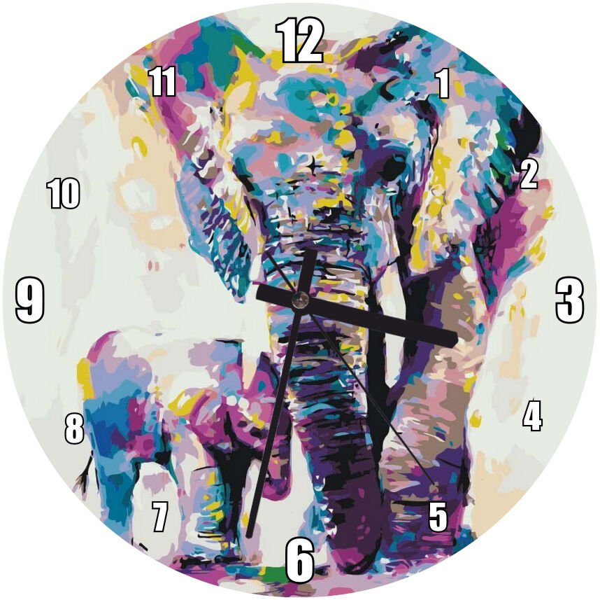 Anne Fil ve Yavrusu Dijital Suluboya  Mdf Ahşap Duvar Saati