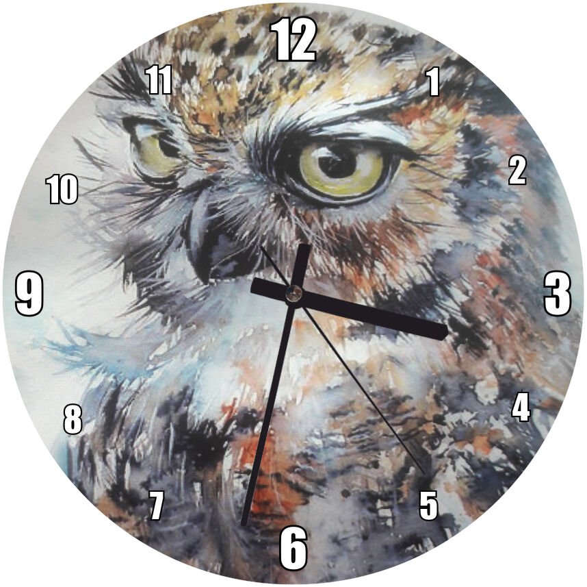 Baykuş Yakın Plan Suluboya Çizim  Mdf Ahşap Duvar Saati