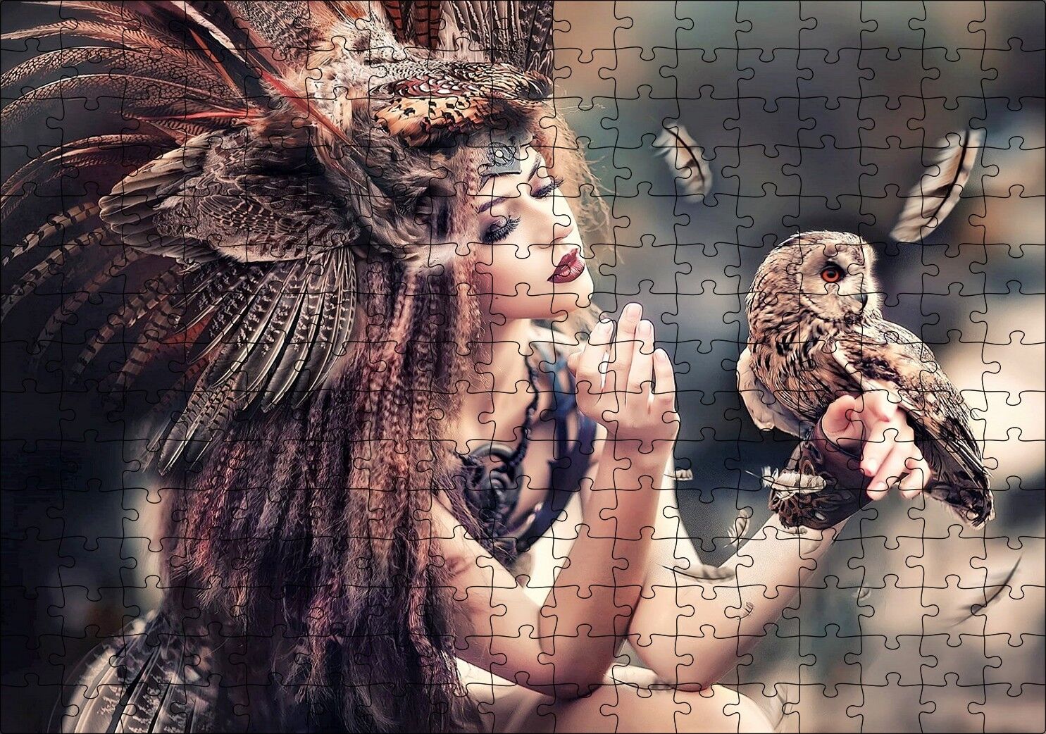 Baykuş ve Kuş Kostümlü Kadın Puzzle Yapboz MDF Ahşap 255 Parça 34 cm X 49 cm
