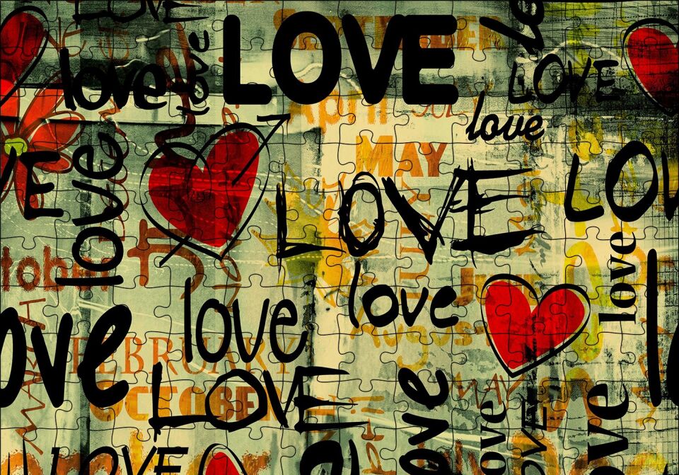 Aşk Yazıları ve Kırmızı Kalpler Puzzle Yapboz MDF Ahşap