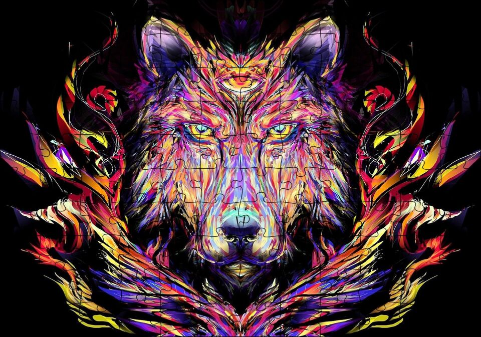 Dijital Çizim Kurt Görseli Puzzle Yapboz MDF Ahşap